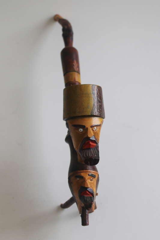 photo of vintage two heads bearded man smoking pipe made in Italy, carved wood hand painted folk art  #4