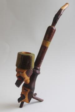 vintage two heads bearded man smoking pipe made in Italy, carved wood hand painted folk art 