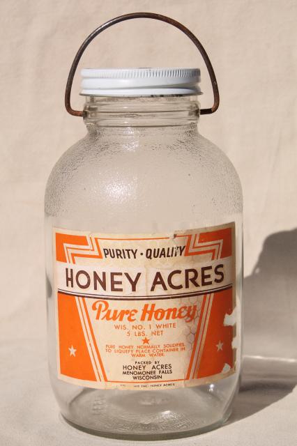 photo of vintage two quart glass jar w/ wire bail handle, old Honey label dated 1942 #2