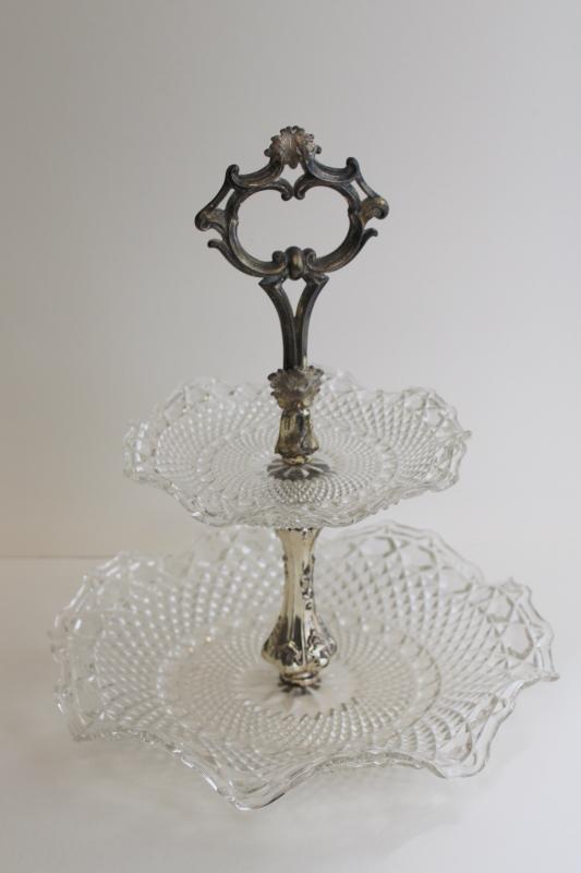 photo of vintage two tiered cake stand serving tray, shabby chic pressed glass w/ ornate silver #1