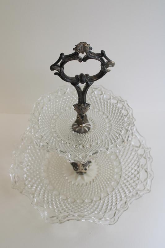 photo of vintage two tiered cake stand serving tray, shabby chic pressed glass w/ ornate silver #8