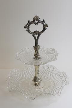 catalog photo of vintage two tiered cake stand serving tray, shabby chic pressed glass w/ ornate silver