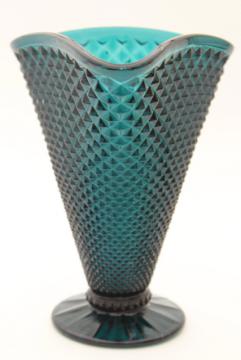 catalog photo of vintage ultramarine teal blue spruce green glass vase, diamond point triangle shape