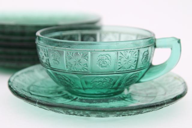 photo of vintage ultramarine teal green depression glass doll dishes, doric and pansy pattern #2
