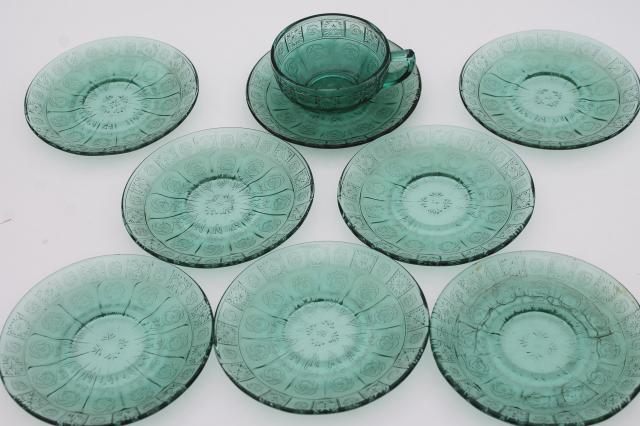 photo of vintage ultramarine teal green depression glass doll dishes, doric and pansy pattern #3