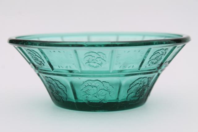 photo of vintage ultramarine teal green depression glass doll dishes, doric and pansy pattern #5