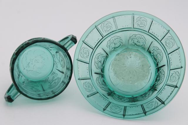 photo of vintage ultramarine teal green depression glass doll dishes, doric and pansy pattern #7