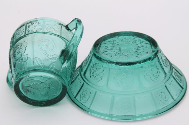 photo of vintage ultramarine teal green depression glass doll dishes, doric and pansy pattern #8