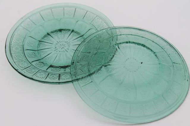 photo of vintage ultramarine teal green depression glass doll dishes, doric and pansy pattern #11