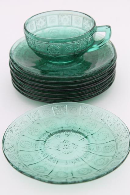 photo of vintage ultramarine teal green depression glass doll dishes, doric and pansy pattern #12