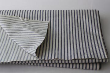 catalog photo of vintage unbleached cotton ticking fabric, blue stripe heavy canvas weight material