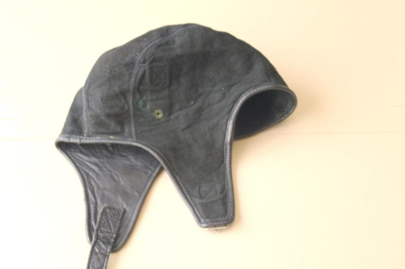 photo of vintage unlined black leather cap chin strap aviator's helmet flying or motorcycle #7