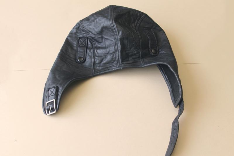 photo of vintage unlined black leather cap chin strap aviator's helmet flying or motorcycle #9