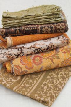catalog photo of vintage upholstery fabric remnants lot, decorator sewing fabrics lot for cushions etc.