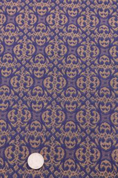 catalog photo of vintage upholstery fabric, royal purple violet blue & gold w/ brocade design pattern