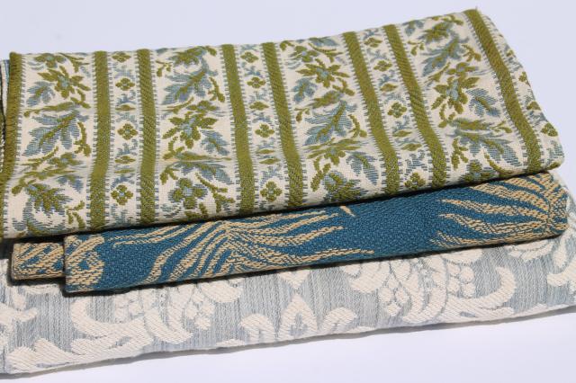 photo of vintage upholstery fabric, shades of blue brocade & cotton barkcloth sample remnant lot #1