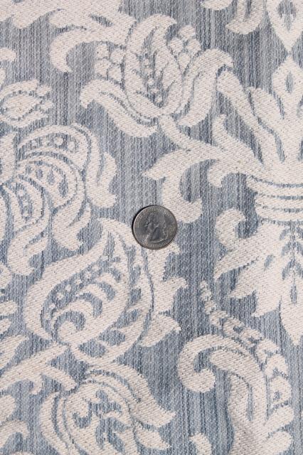 photo of vintage upholstery fabric, shades of blue brocade & cotton barkcloth sample remnant lot #8