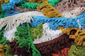 catalog photo of vintage upholstery trim lot, wooly braid w/ chunky yarn fringe & tassels, retro colors!