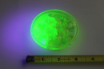 catalog photo of vintage uranium glass flower frog, vaseline yellow depression glass 