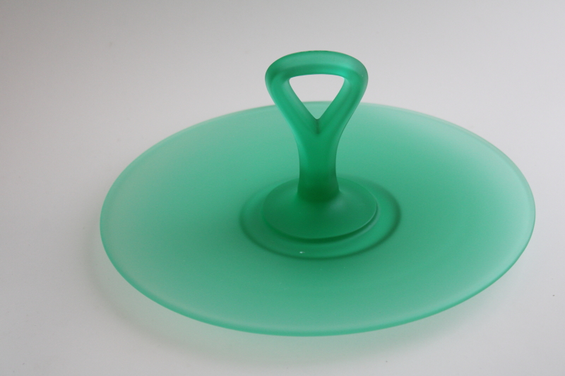 photo of vintage uranium glass, glowing emerald green plate w/ center handle, art deco serving tray #1