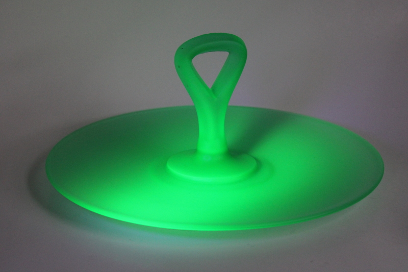 photo of vintage uranium glass, glowing emerald green plate w/ center handle, art deco serving tray #2