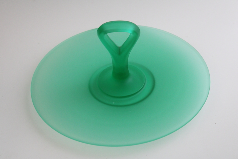 photo of vintage uranium glass, glowing emerald green plate w/ center handle, art deco serving tray #3