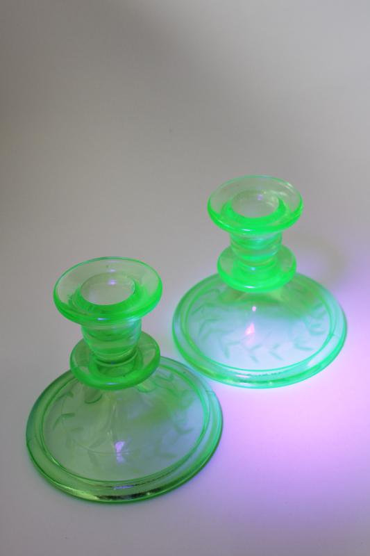photo of vintage uranium green depression glass candle holders, laurel band wheel cut etched #1