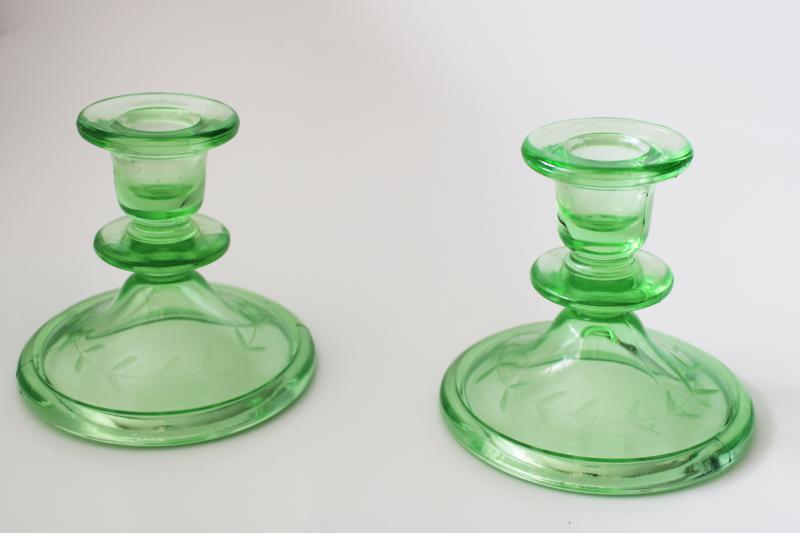 photo of vintage uranium green depression glass candle holders, laurel band wheel cut etched #2