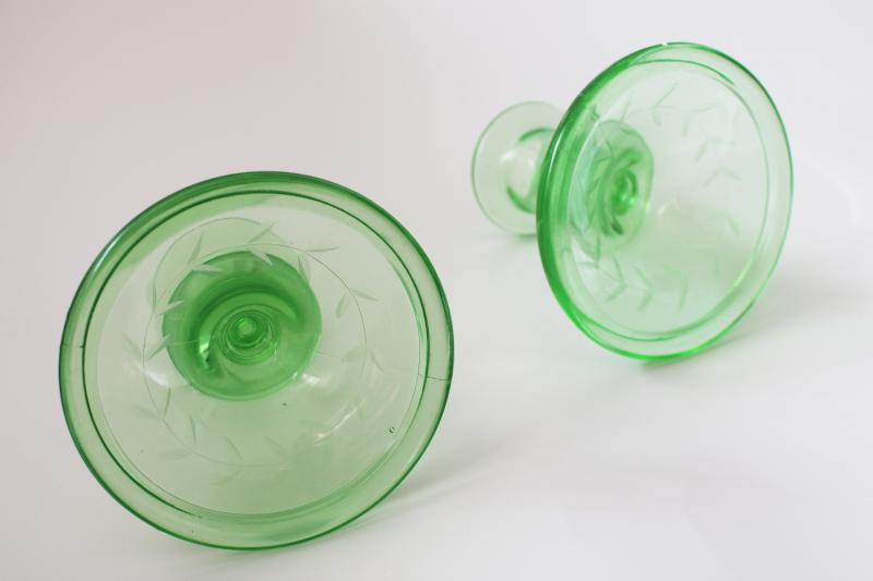 photo of vintage uranium green depression glass candle holders, laurel band wheel cut etched #4