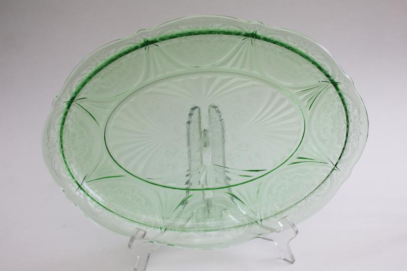 photo of vintage uranium green depression glass platter or tray, Hazel Atlas Royal Lace pattern #1