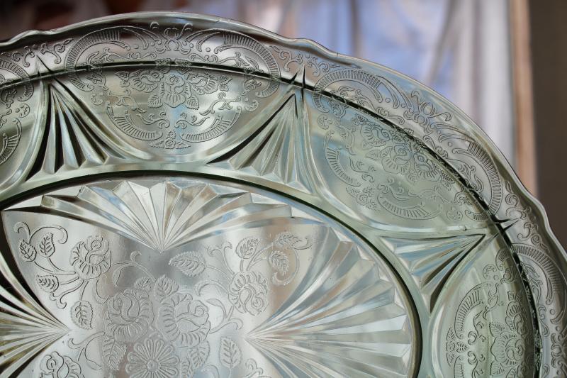 photo of vintage uranium green depression glass platter or tray, Hazel Atlas Royal Lace pattern #2