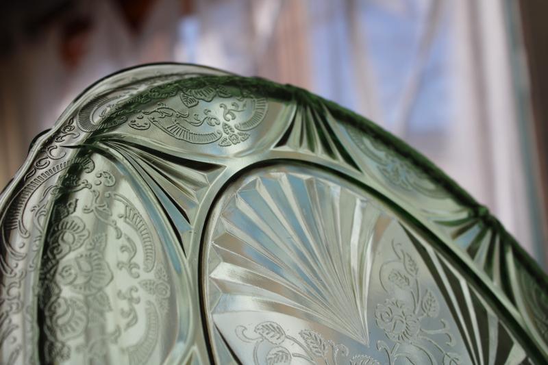 photo of vintage uranium green depression glass platter or tray, Hazel Atlas Royal Lace pattern #3