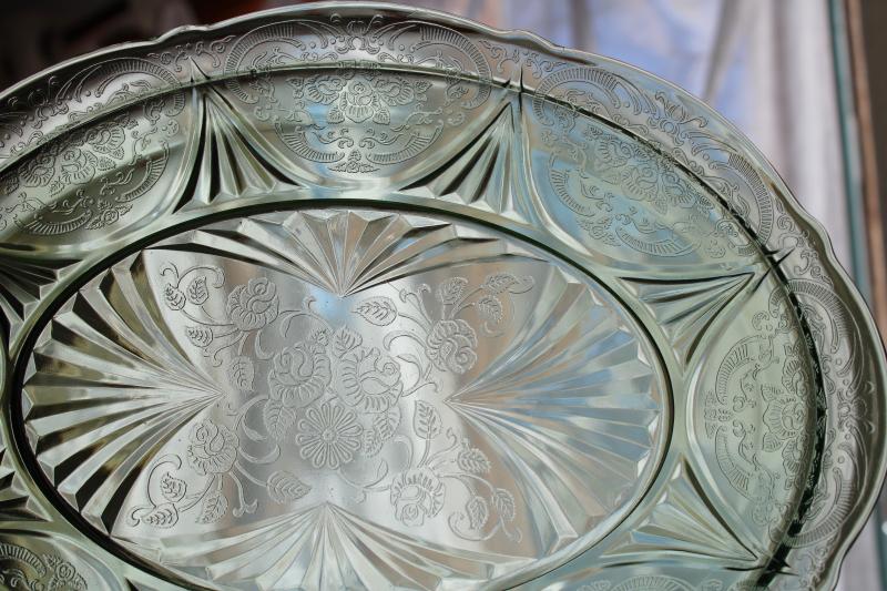 photo of vintage uranium green depression glass platter or tray, Hazel Atlas Royal Lace pattern #4