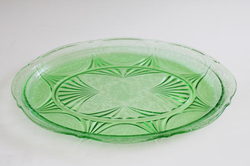 photo of vintage uranium green depression glass platter or tray, Hazel Atlas Royal Lace pattern #5