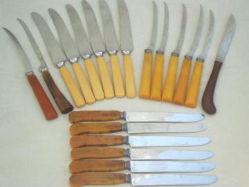 catalog photo of vintage utensils lot, table knives w/ bakelite & french ivory celluloid handles