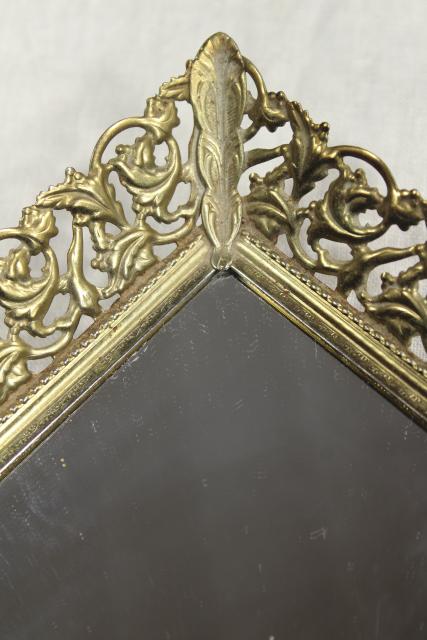 photo of vintage vanity easel mirror & perfume tray, gold lace metal filigree frame #2