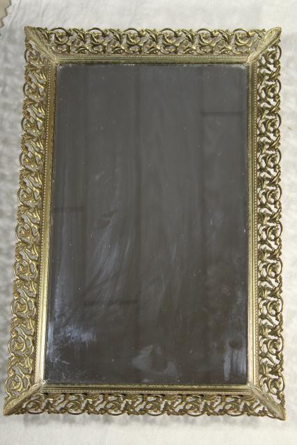 photo of vintage vanity easel mirror & perfume tray, gold lace metal filigree frame #3