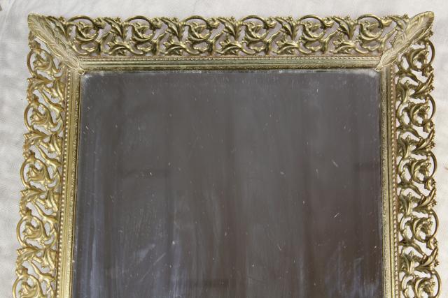 photo of vintage vanity easel mirror & perfume tray, gold lace metal filigree frame #4
