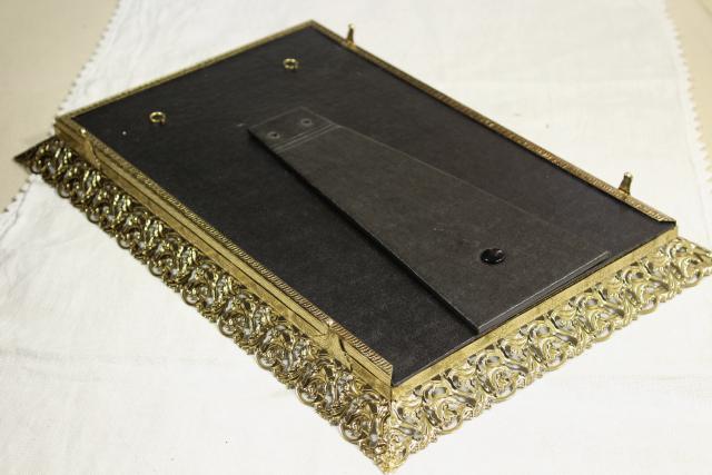 photo of vintage vanity easel mirror & perfume tray, gold lace metal filigree frame #5