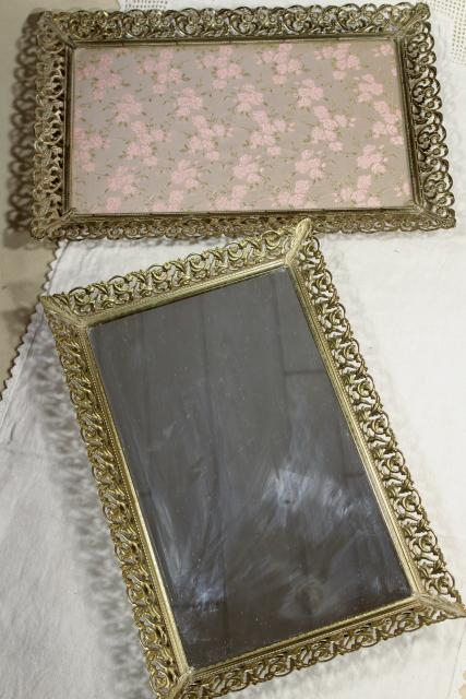 photo of vintage vanity easel mirror & perfume tray, gold lace metal filigree frame #6