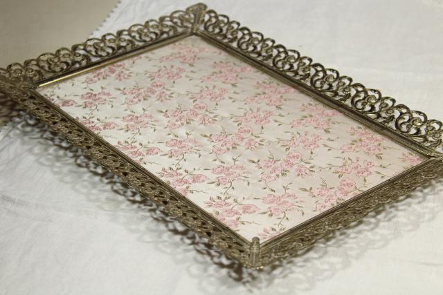 photo of vintage vanity easel mirror & perfume tray, gold lace metal filigree frame #7