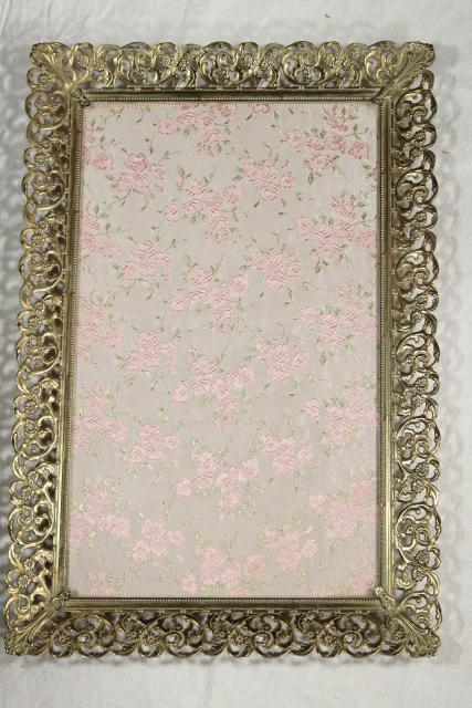 photo of vintage vanity easel mirror & perfume tray, gold lace metal filigree frame #8