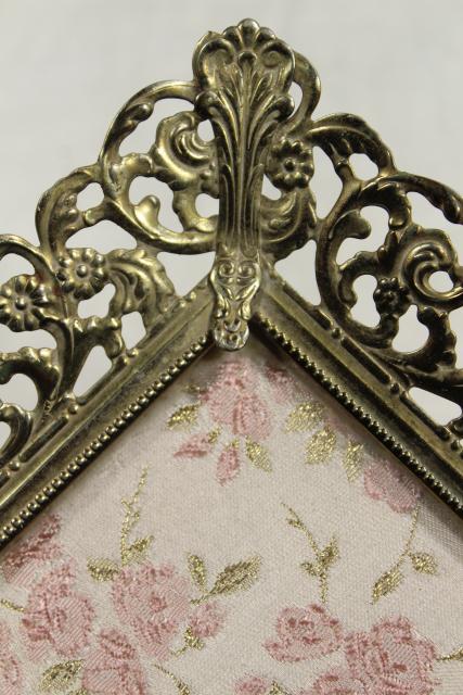 photo of vintage vanity easel mirror & perfume tray, gold lace metal filigree frame #10