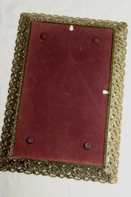 photo of vintage vanity easel mirror & perfume tray, gold lace metal filigree frame #11