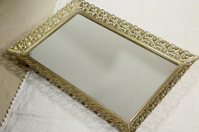 photo of vintage vanity easel mirror & perfume tray, gold lace metal filigree frame #12