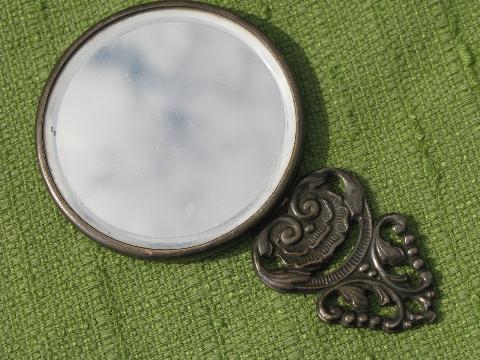 photo of vintage vanity hand mirrors, Danish pewter, ivory celluloid ring handle #3