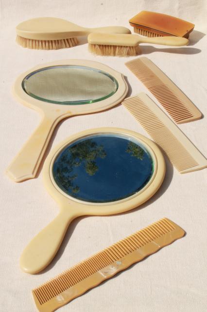 photo of vintage vanity hand mirrors, hair brushes & combs - antique french ivory celluloid #1