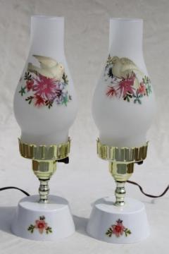 catalog photo of vintage vanity lamps w/ doves & roses, pair dresser lamps w/ glass chimney shades