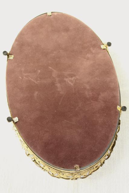 photo of vintage vanity mirror perfume tray, gold lace metal filigree frame glass mirror #7