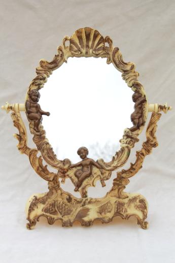 photo of vintage vanity stand mirror for a fairy tale princess, ivory plastic frame w/ gold angels #6